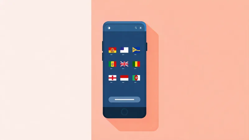 Illustration of multilingual training interface with language flag icons on mobile screen