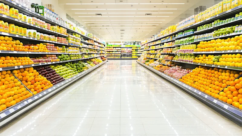 Retail store aisle scene with food safety compliance checklist overlay