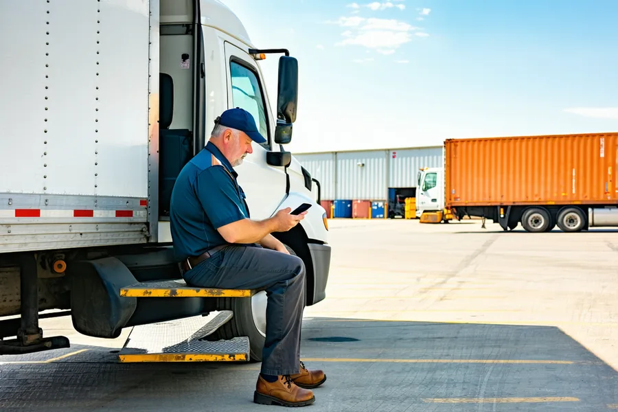 Truck driver checking DOT compliance training module on phone while parked at loading dock