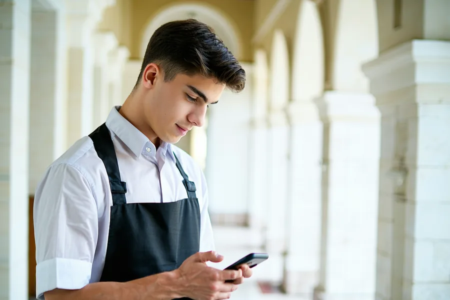 Hospitality worker completing onboarding training on mobile phone during pre-shift break in hotel corridor