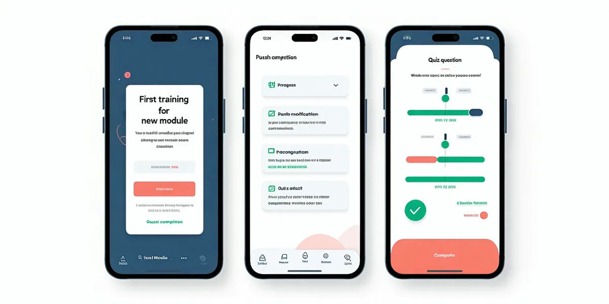 Three-panel sequence showing a compliance training module on mobile phone: assignment notification, 7-minute lesson view, completion confirmation screen