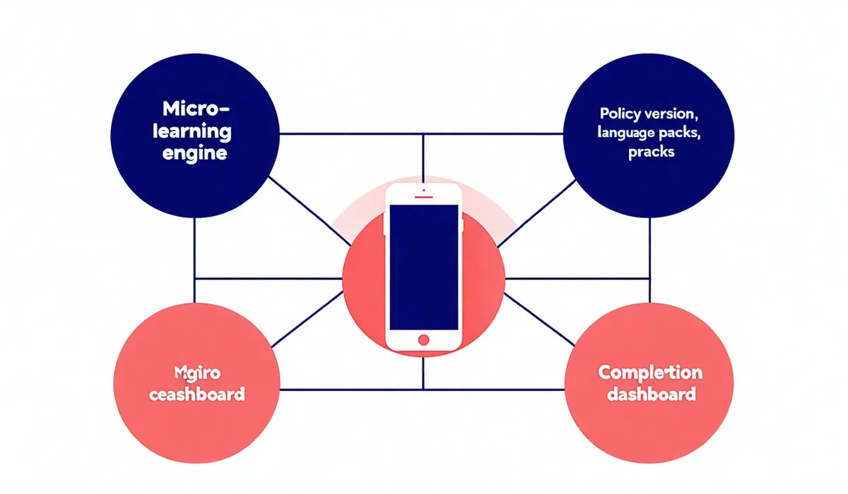 Learn.xyz platform diagram showing micro-learning engine, policy version pinning, language packs, and completion dashboard connected to a mobile device