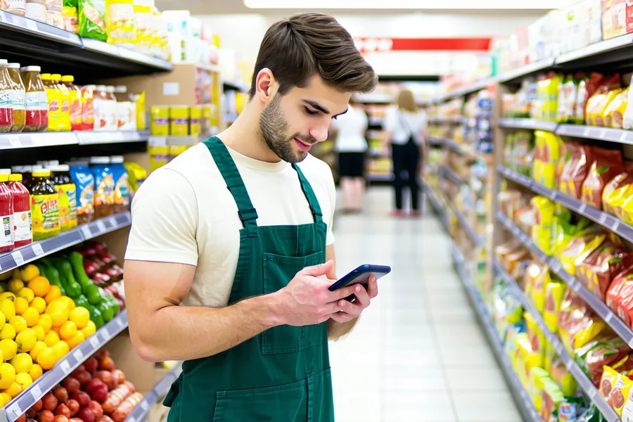 Retail store worker checking phone in aisle during a quiet moment between customers