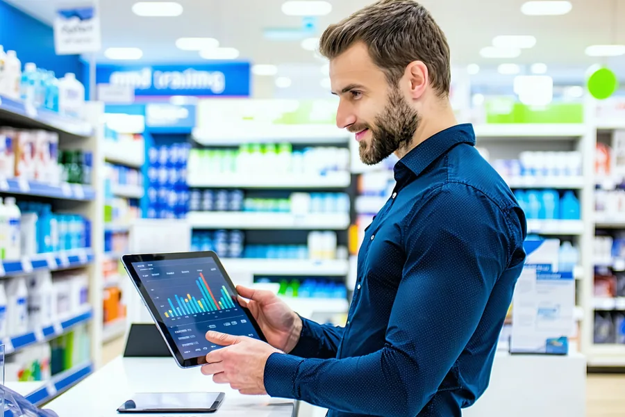 Retail store manager reviewing compliance training completion status on tablet at service counter